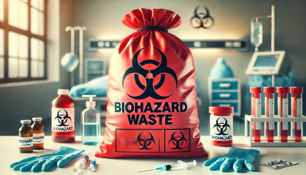 A red biohazard bag prominently displayed in a medical or laboratory setting. The bag is labeled with the biohazard symbol and the words 'Biohazard Wa
