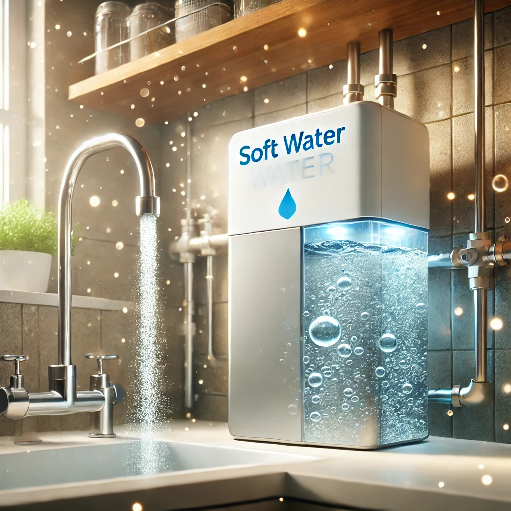 DALL·E 2025-03-26 15.20.06 - A modern home water softening system installed in a utility room. The image highlights the water softener unit connected to plumbing, with clean water