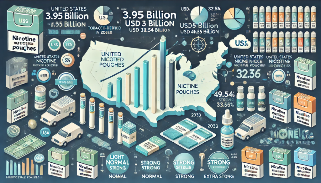DALL·E 2025-03-27 11.36.28 - An infographic illustrating the growth of the United States nicotine pouches market from 2024 to 2033. The image includes a bar chart showing market v