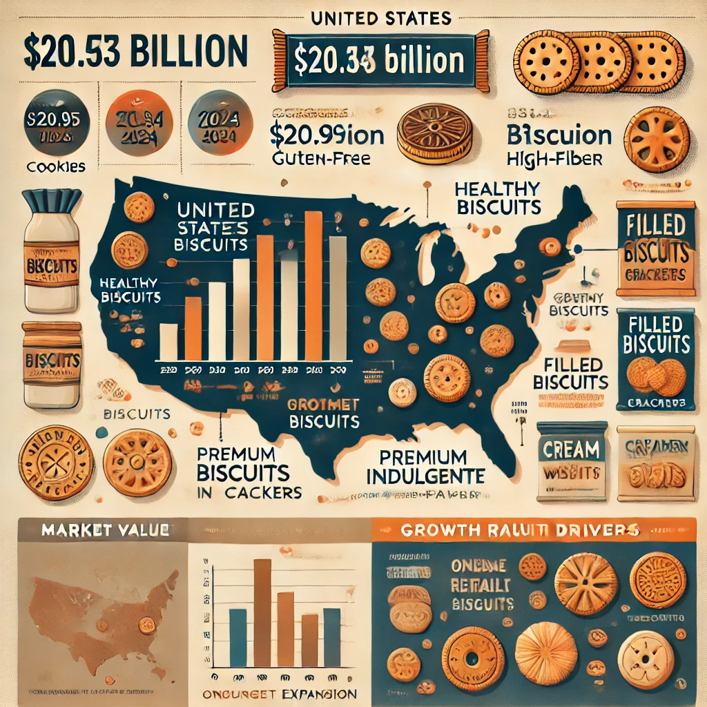 DALL·E 2025-03-27 14.15.58 - An infographic illustrating the growth of the United States Biscuits Market from 2025 to 2033. The infographic includes a bar chart showing market val