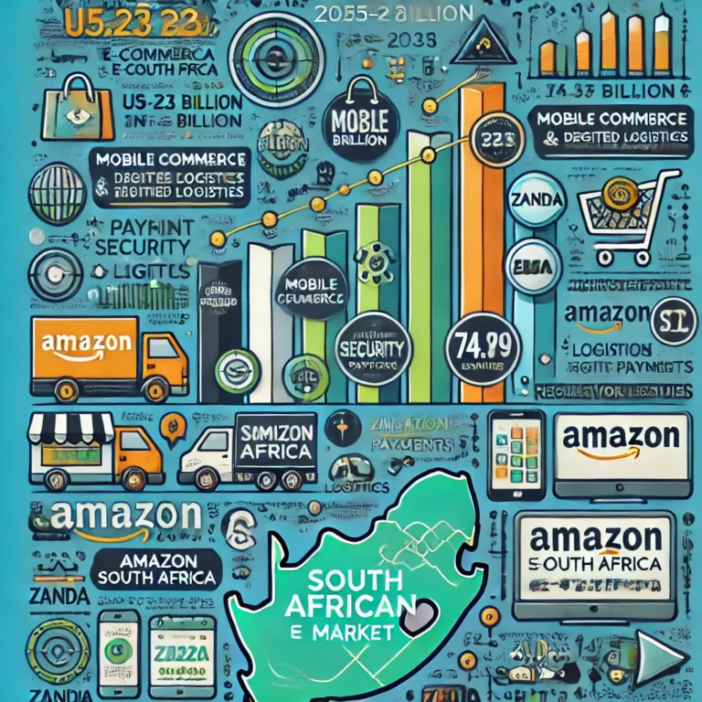 DALL·E 2025-03-27 15.05.26 - An infographic illustrating the growth of the South African E-Commerce Market (2025-2033). The design includes_ _- A rising bar graph showing market