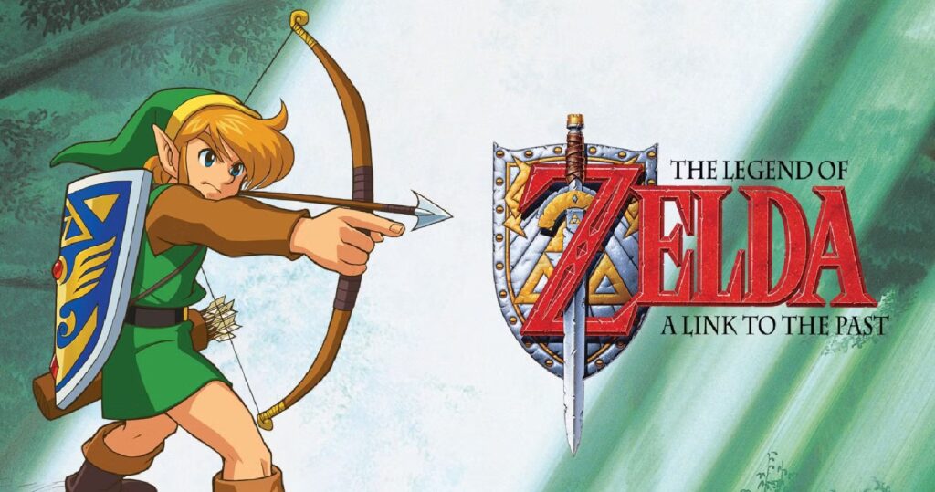 Link wielding the Master Sword in the Lost Woods, a pivotal moment from Zelda: A Link to the Past Walkthrough, part of The Legend of Zelda series.
