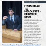 A young man in formal attire delivering a speech at a wooden podium with microphones, alongside an editorial graphic introducing Bhuvesh Bhat as a youth change maker from Kashmir, known for innovation and entrepreneurship.