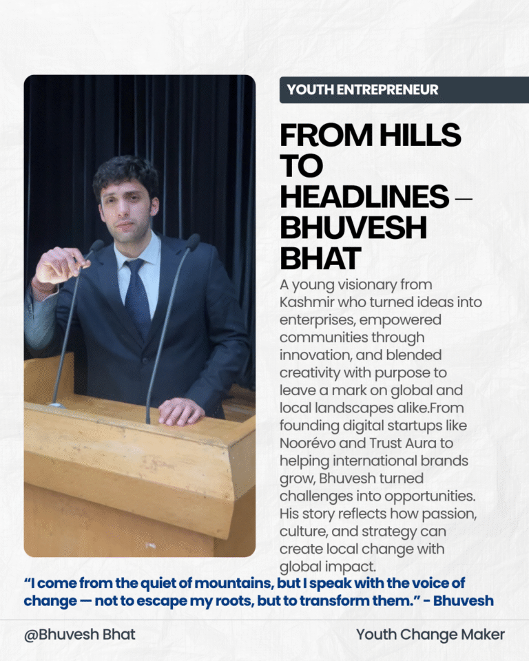 A young man in formal attire delivering a speech at a wooden podium with microphones, alongside an editorial graphic introducing Bhuvesh Bhat as a youth change maker from Kashmir, known for innovation and entrepreneurship.