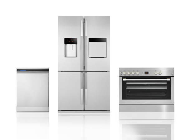 Stainless steel home appliance set on white background