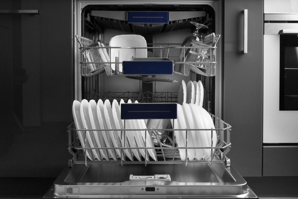 An open dishwasher with plates and glasses