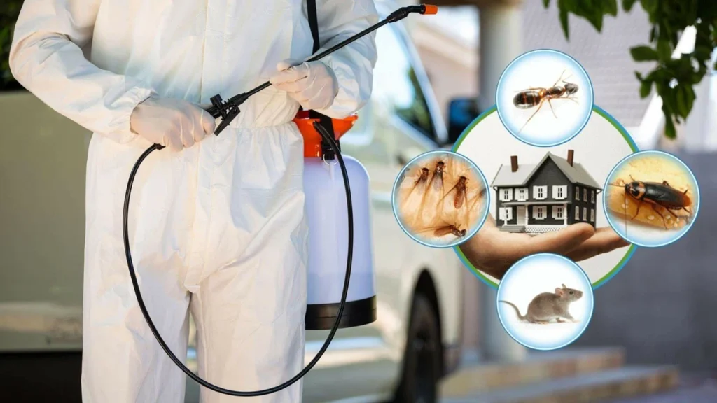 The image shows a pest control professional wearing a respirator mask and overalls, holding a spray wand connected to a green tank on his back. He is standing in front of a red circle with a slash through it, inside of which are various common pests including a spider, a cockroach, a centipede, a fly, a cricket, and another flying insect. The overall impression is a visual representation of pest control services.