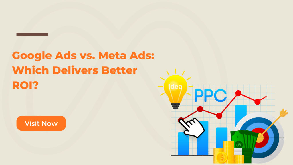 Google Ads vs. Meta Ads comparison concept showing PPC growth, ROI analysis, and advertising performance with charts, money, and target icons.