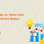 Google Ads vs. Meta Ads comparison concept showing PPC growth, ROI analysis, and advertising performance with charts, money, and target icons.
