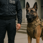 Essential K9 equipment for federal agencies – tactical working dog wearing ballistic vest and harness.