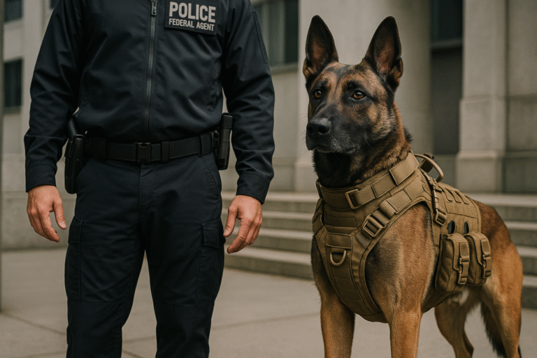 Essential K9 equipment for federal agencies – tactical working dog wearing ballistic vest and harness.