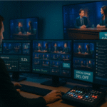 Producer using software for live streaming on a multi‑monitor setup; nearby digital signage screens mirror the show with localized promos.