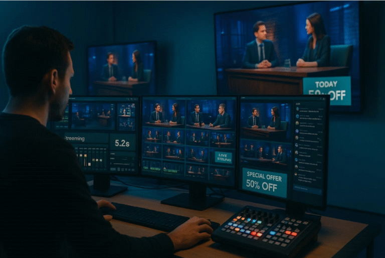 Producer using software for live streaming on a multi‑monitor setup; nearby digital signage screens mirror the show with localized promos.