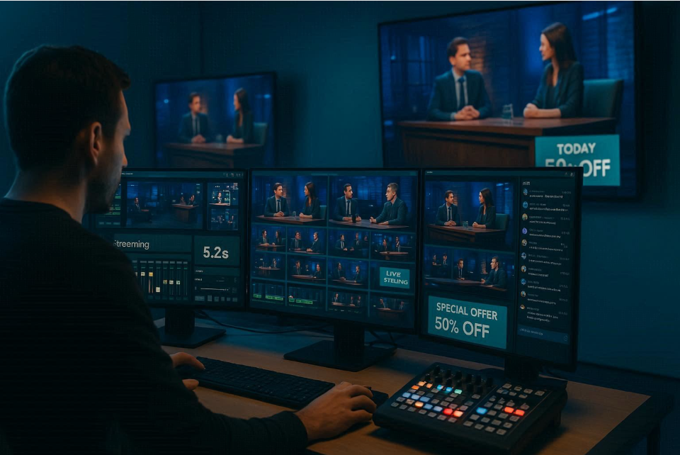 Producer using software for live streaming on a multi‑monitor setup; nearby digital signage screens mirror the show with localized promos.