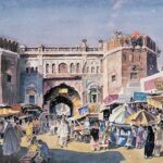 A vibrant painting depicting a bustling old city bazaar displayed in art galleries Lahore, showcasing traditional architecture and local culture.