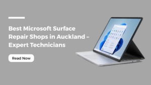 Best Microsoft Surface Repair Shops in Auckland – Expert Technicians," featuring a silver Microsoft Surface Laptop Studio displaying the Windows 11 desktop