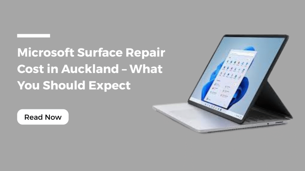 Microsoft Surface Repair Cost in Auckland - What You Should Expect," featuring a silver Microsoft Surface Laptop Studio displaying the Windows 11 desktop