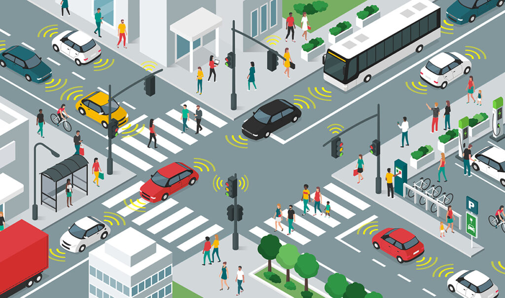 Smart transportation and vehicles moving in the city streets