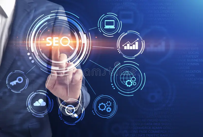 businessman-pushing-button-word-seo-over-blue-background-collage-web-content-optimization-standing-online-services-197381491