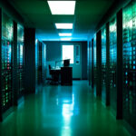 Futuristic mainframe secures global communications in network generated by AI