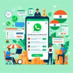 "Flat illustration of Indian business owners using WhatsApp Business API for customer support, order tracking, and promotions. Features a shopkeeper, eCommerce seller, and corporate team interacting with smartphones and laptops. Includes WhatsApp chat icons, rupee symbols, delivery scooter, digital storefront, and verified business badges in WhatsApp green, white, and light gray tones."