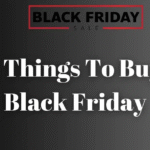 Black Friday sale banner with text “Best Things to Buy on Black Friday” and illustrations of shoppers carrying bags.