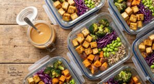 Tofu Buddha Bowl Meal Prep with Peanut Dressing
