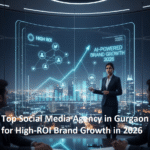 Female digital marketing strategist presenting futuristic AI-driven social media analytics and high-ROI growth charts in a modern Gurgaon city office, 2026.