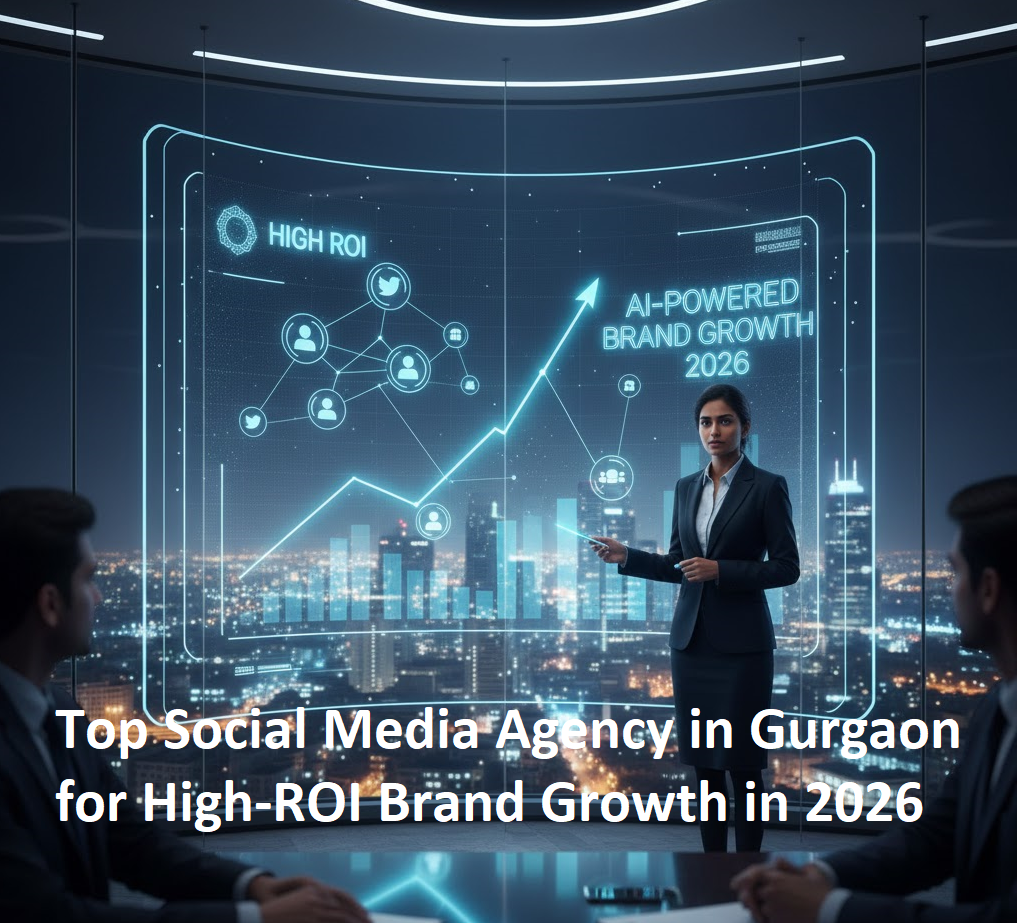 Female digital marketing strategist presenting futuristic AI-driven social media analytics and high-ROI growth charts in a modern Gurgaon city office, 2026.