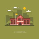 Illustration of a school building with trees, cityscape background, and bright sunlight.