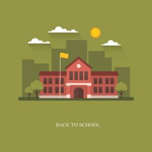 Illustration of a school building with trees, cityscape background, and bright sunlight.