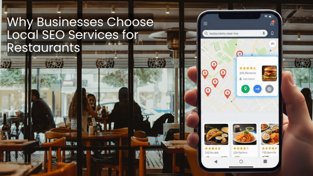 Smartphone displaying ‘restaurants near me’ search results on a map inside a busy restaurant, illustrating local SEO services for restaurants.