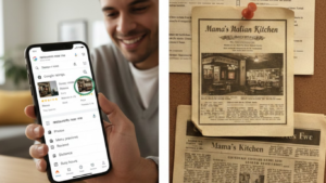 Customer viewing Google ‘restaurants near me’ search results on a smartphone alongside a local restaurant menu and storefront, highlighting local SEO visibility for restaurants.