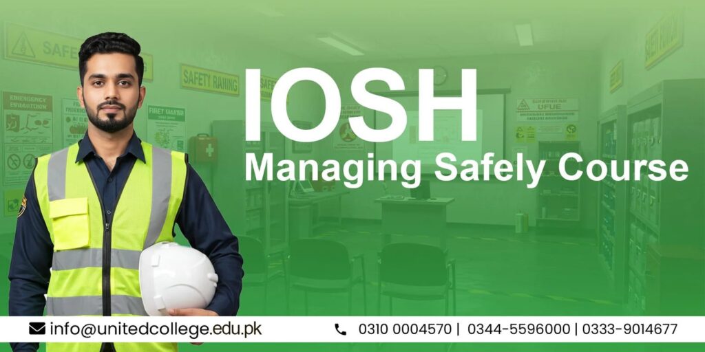 A man in a safety vest holds a hard hat in front of a classroom setting. The text reads "IOSH Managing Safely Course" with contact details below.