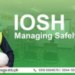A man in a safety vest holds a hard hat in front of a classroom setting. The text reads "IOSH Managing Safely Course" with contact details below.