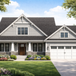 Front elevation of a modern house featuring a gable roof design with symmetrical roof slopes, porch columns, and attached garage