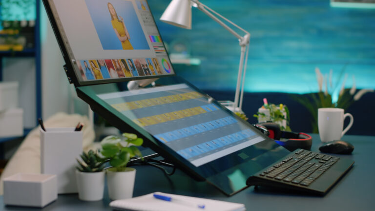 Close up of retouching app on computer in empty studio