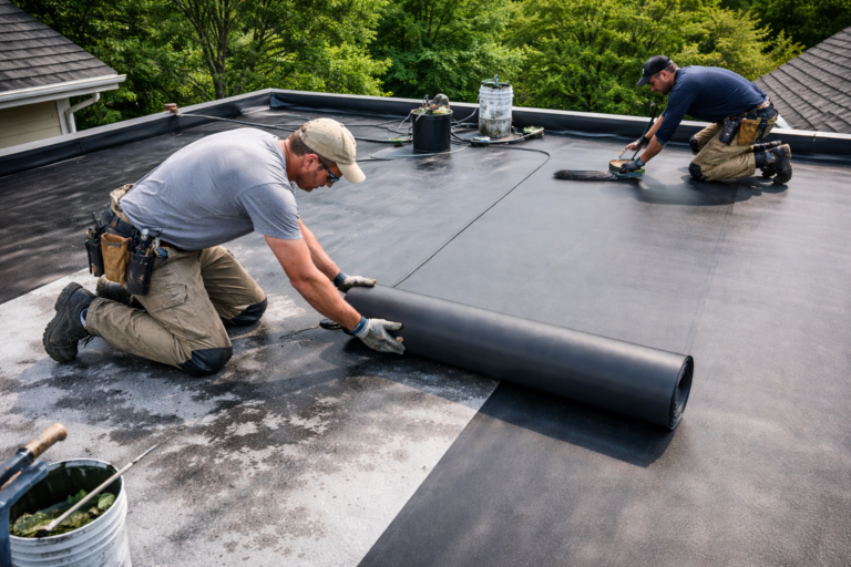 Roofers performing EPDM install on a flat roof by rolling out rubber membrane and applying adhesive