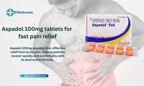 Aspadol 100mg tablets box and blister pack for fast pain relief with Pills4cure branding and stomach pain graphic background