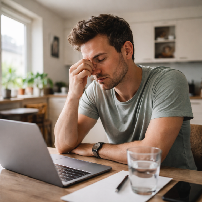 Man experiencing energy fluctuations in modern life while working on a laptop at home