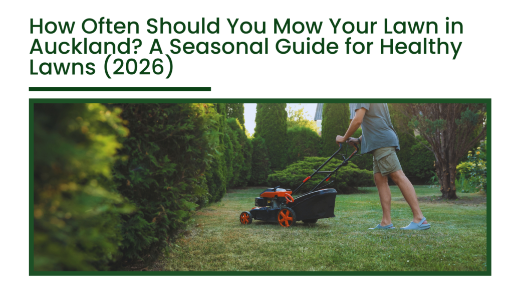 Person mowing a residential lawn in Auckland garden demonstrating seasonal lawn mowing maintenance for healthy grass