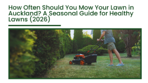 Person mowing a residential lawn in Auckland garden demonstrating seasonal lawn mowing maintenance for healthy grass