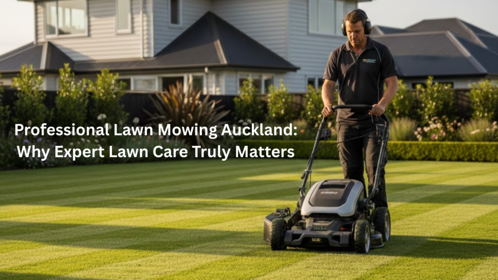 Professional lawn mowing service in Auckland residential garden with expert mowing green striped lawn near modern suburban home
