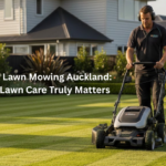 Professional lawn mowing service in Auckland residential garden with expert mowing green striped lawn near modern suburban home