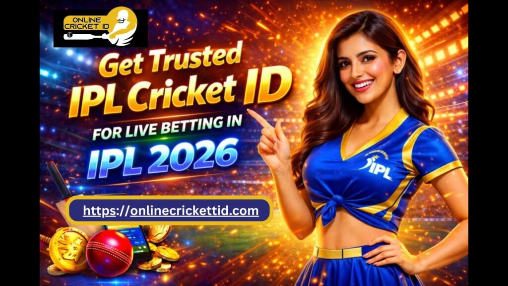 Vibrant promotional banner for Online Cricket ID featuring a female model highlighting “Get Trusted IPL Cricket ID for Live Betting in IPL 2026.” The image includes cricket elements like a cricket ball, gold coins, and digital devices, emphasizing IPL ID, IPL betting ID, free cricket id online, and online cricket id services. Perfect for users seeking reliable online cricket id WhatsApp number support and seamless IPL Cricket ID access.