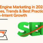 Search Engine Marketing in 2026 banner with bold orange headline, 3D green SEM text, upward growth arrow, and digital marketer illustration.