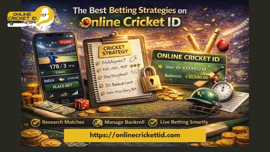 Promotional banner for Online Cricket ID showing a cricket betting theme with a live match screen on a smartphone (India vs Australia 178/3), cricket strategy checklist, IPL-style user ID card with balance, coins, cricket bat and ball, helmet, and text highlighting research matches, manage bankroll, and live betting smartly.