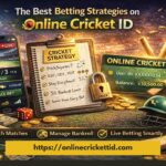 Promotional banner for Online Cricket ID showing a cricket betting theme with a live match screen on a smartphone (India vs Australia 178/3), cricket strategy checklist, IPL-style user ID card with balance, coins, cricket bat and ball, helmet, and text highlighting research matches, manage bankroll, and live betting smartly.