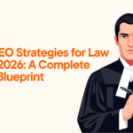 Illustration of a professional lawyer with headline “Top 10 SEO Strategies for Law Firms in 2026: A Complete Growth Blueprint” promoting legal SEO growth strategies.