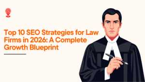 Illustration of a professional lawyer with headline “Top 10 SEO Strategies for Law Firms in 2026: A Complete Growth Blueprint” promoting legal SEO growth strategies.